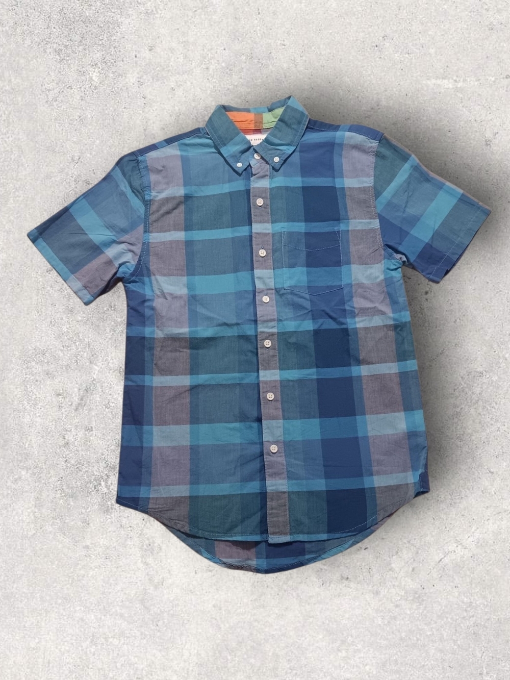 Free Assembly Plaid Button Front Shirt XS Blue Teal Short Sleeve Cotton
